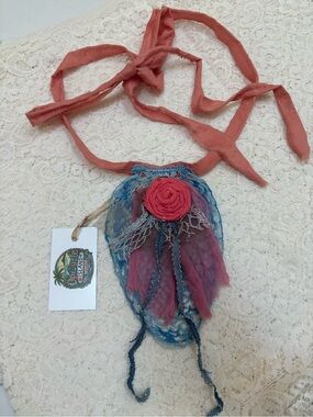 Coral and Blue Crocheted Jabot Neck Adornment Necklace